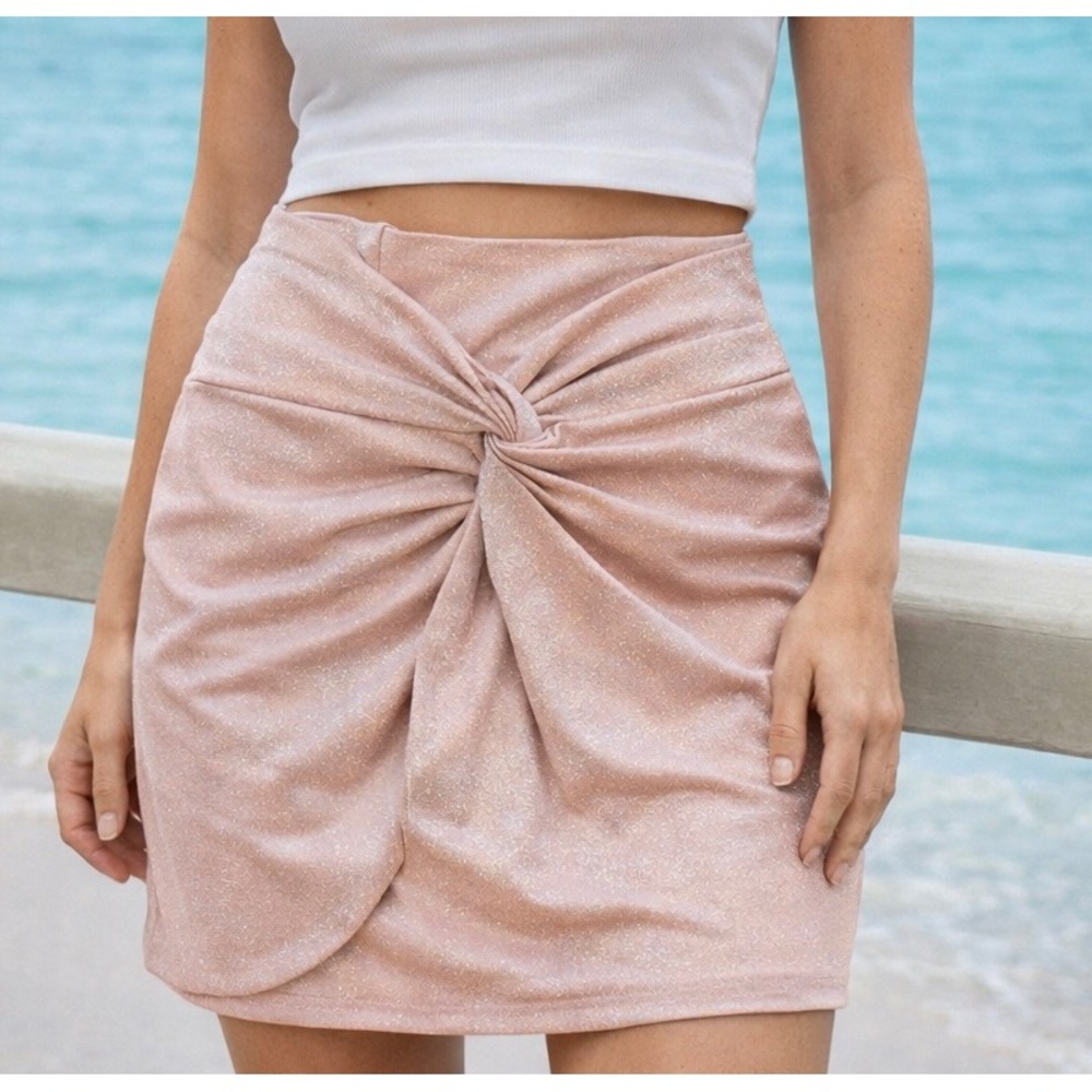 Shade & Shore Pink Metallic Twist Front Mini Skirt Womens S Beach Glam Bodycon